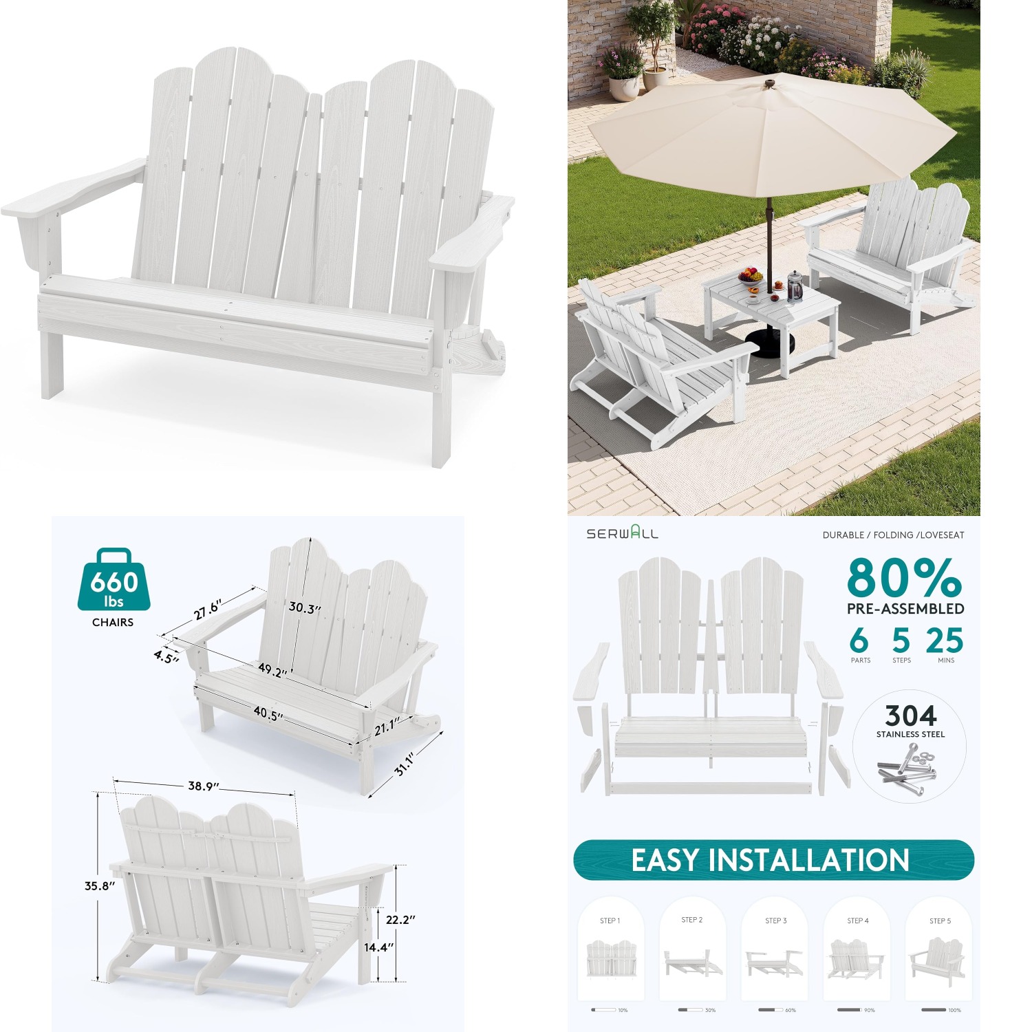 Outdoor Furniture Loveseat - Sofá Adirondack Plegable de HDPE para